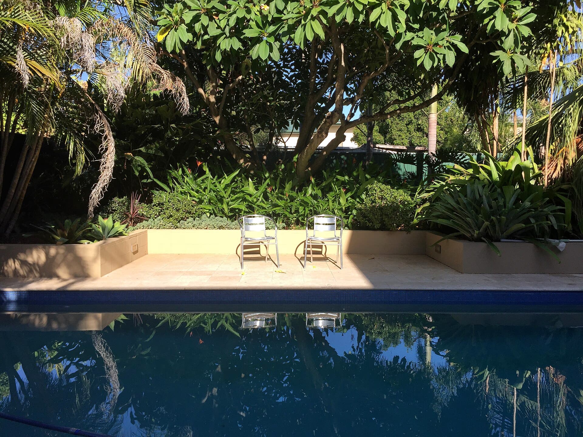 A backyard swimming pool beside an Australian suburban house